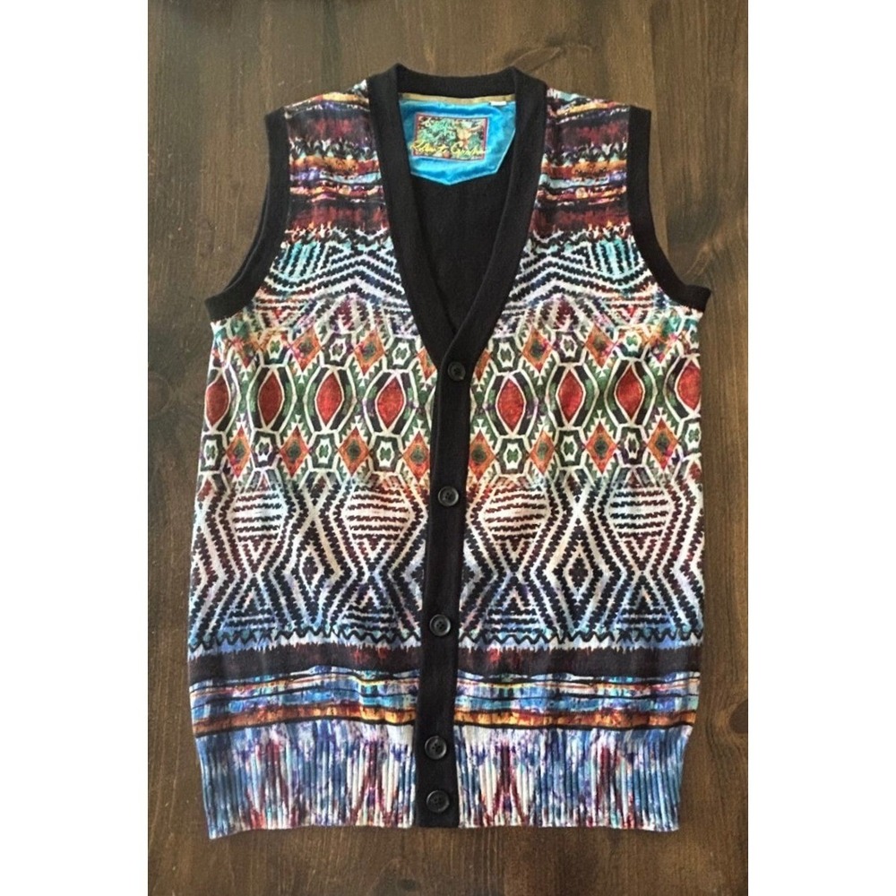Robert Graham Cardigan Sweater Vest Med Linen Knit Southwestern Tribal Designer